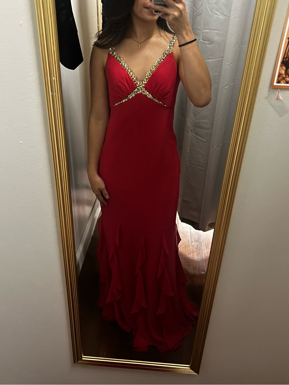 Faviana Red Evening Gown with Gold Beaded Accents